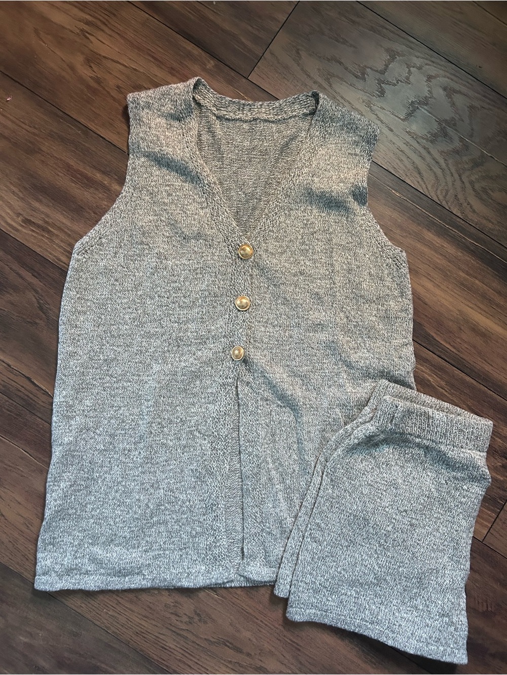 Cozy Gray Knit Sleeveless Button Vest and Shorts Set